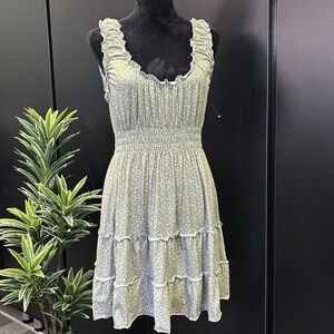 ALTAR’D STATE Green Floral,double ruffle hemline,ruffle scoop neck,shirred waist